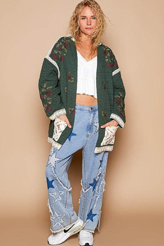 POL Embroidered Open Front Quilted Jacket with Crochet Pockets - Selvanelle