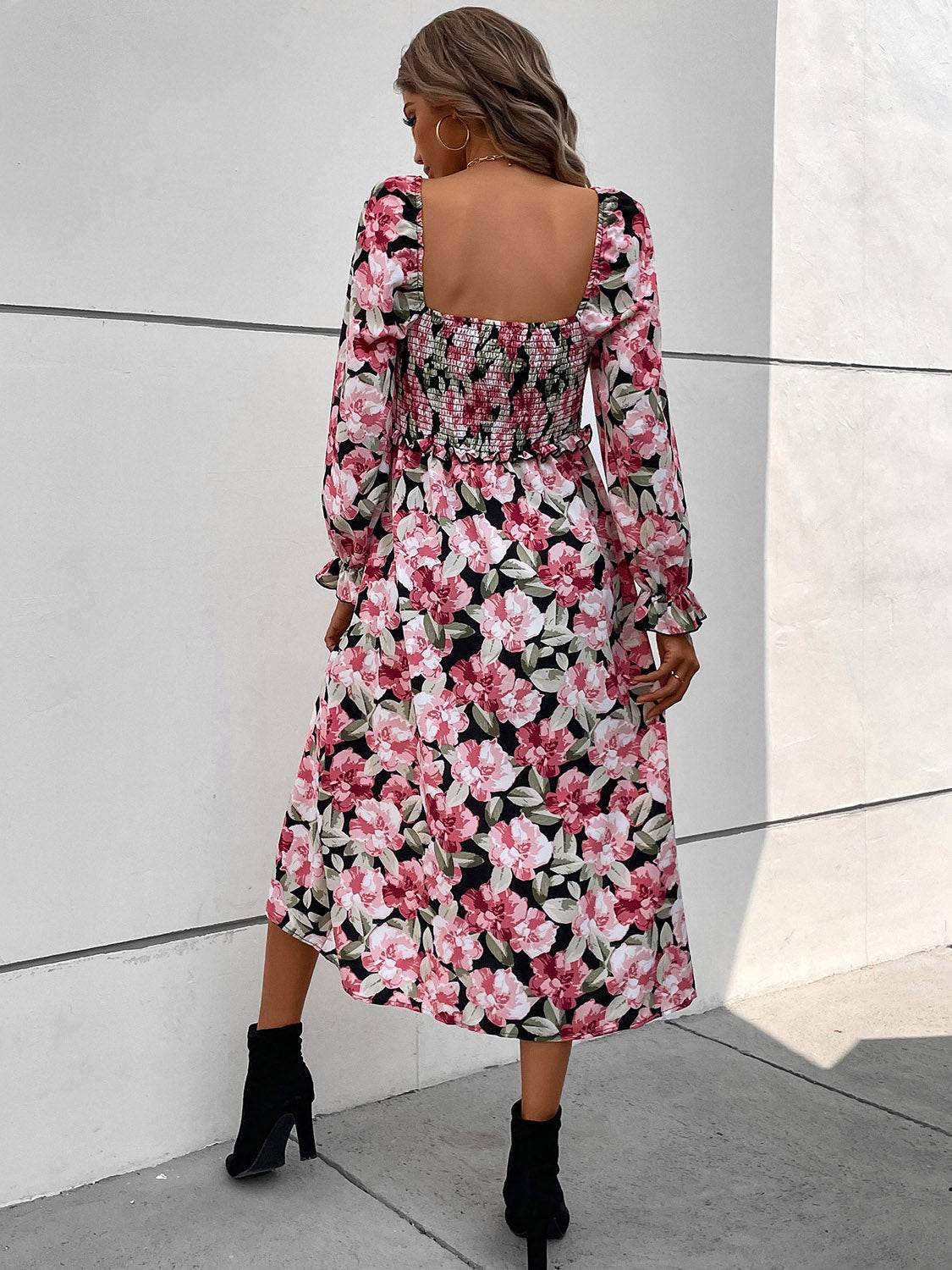 Perfee Slit Smocked Floral Flounce Sleeve Dress - Selvanelle
