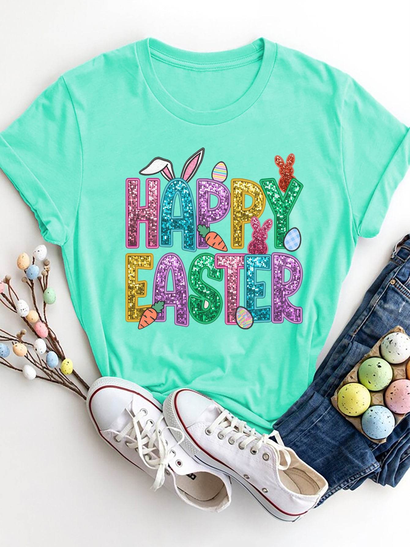 HAPPY EASTER Round Neck Short Sleeve T-Shirt - Selvanelle