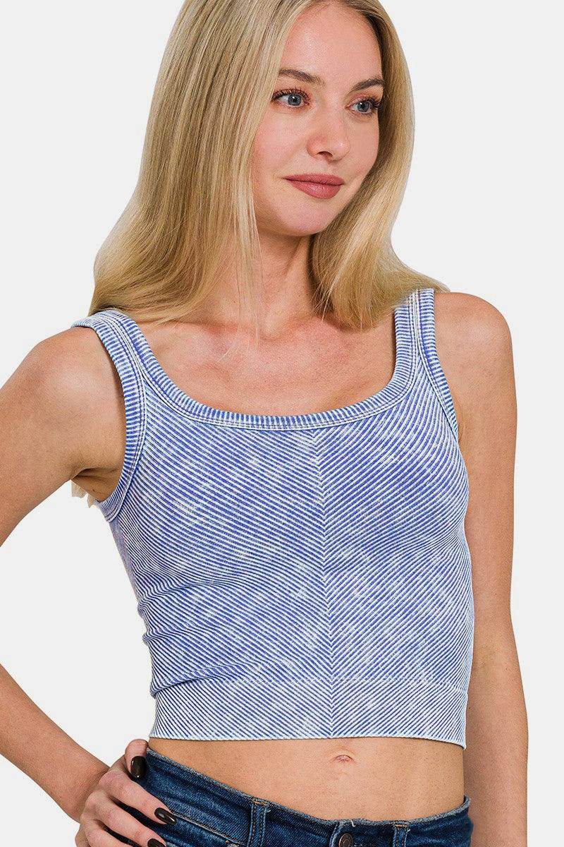 Zenana Washed Ribbed Scoop Neck Wide Strap Tank Top - Selvanelle