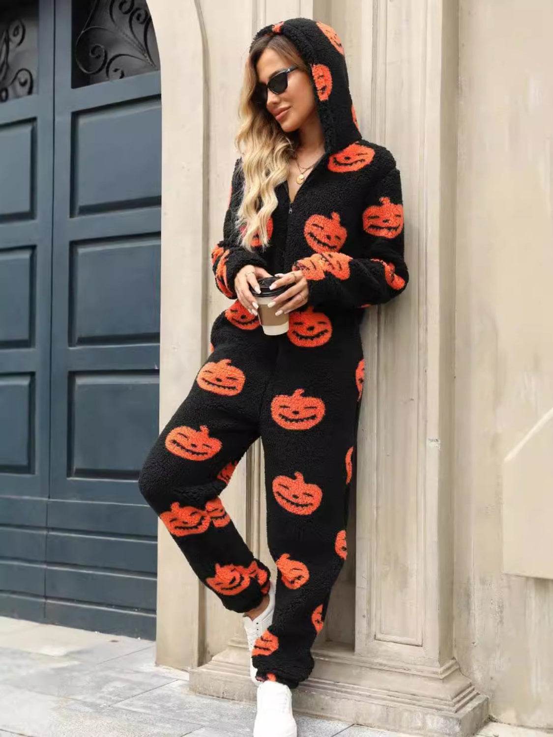 Fuzzy Pumpkin Half Zip Hooded Jumpsuit - Selvanelle