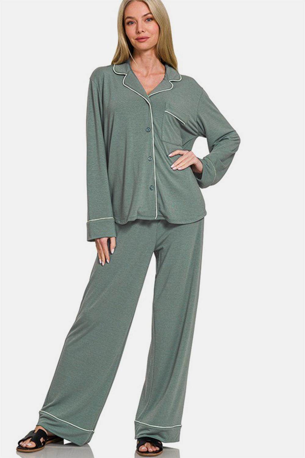 Zenana Button Down Long Sleeve Top and Pants Lounge Set - Selvanelle