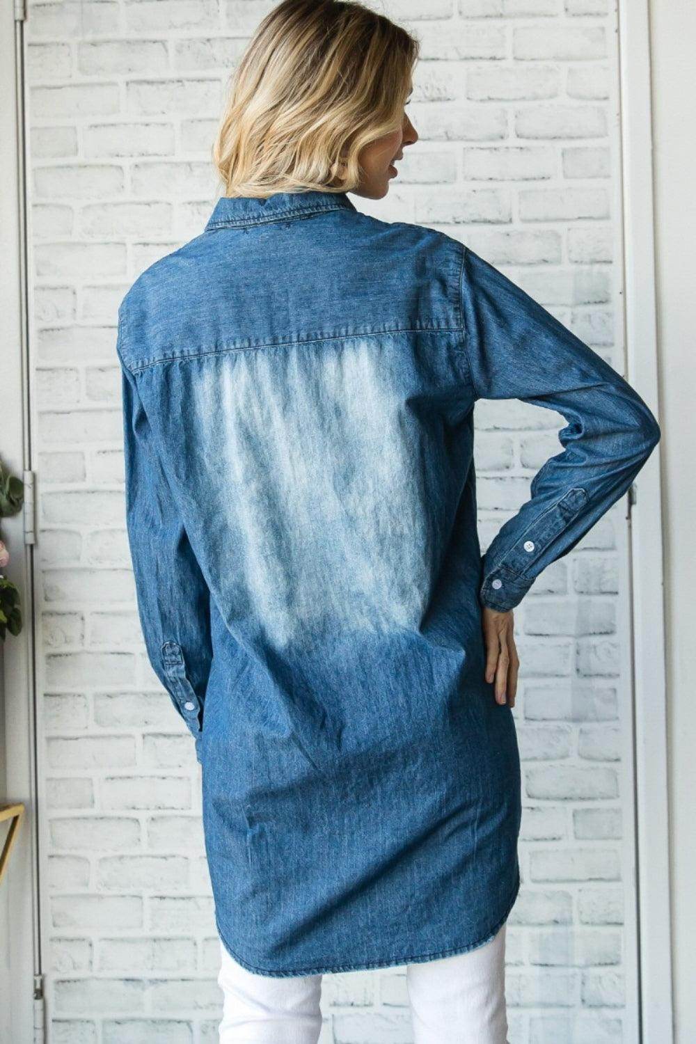 Veveret Pocketed Button Up Washed Denim Shirt for Women - Selvanelle