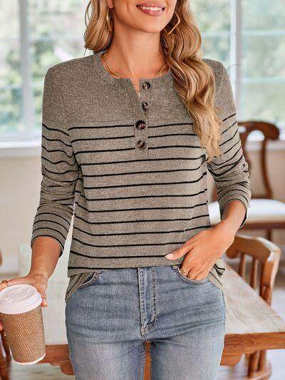 Lovelet Quarter Button Striped Round Neck Long Sleeve T-Shirt - Selvanelle