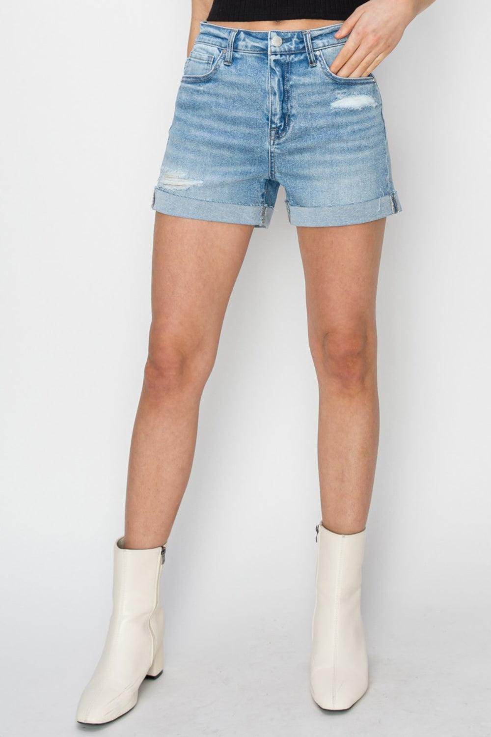 RISEN Distressed Mid-Rise Waist Denim Shorts for Women - Selvanelle