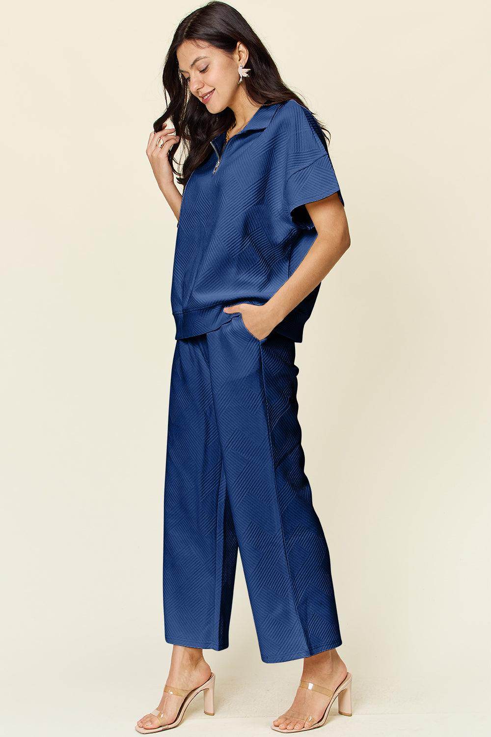 Double Take Full Size Texture Half Zip Short Sleeve Top Set - Selvanelle