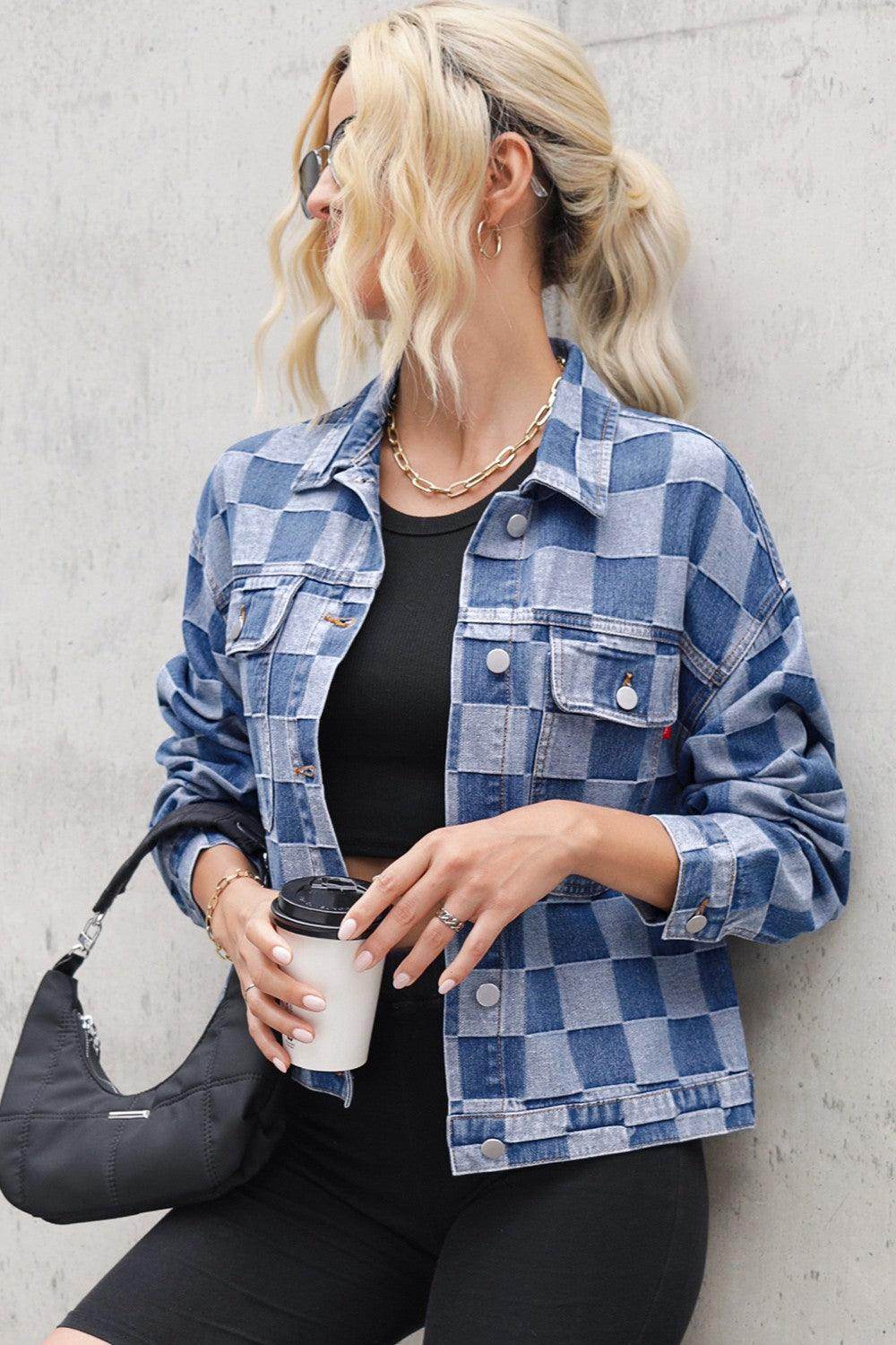 Checkered Button Up Long Sleeve Denim Jacket for Women - Selvanelle