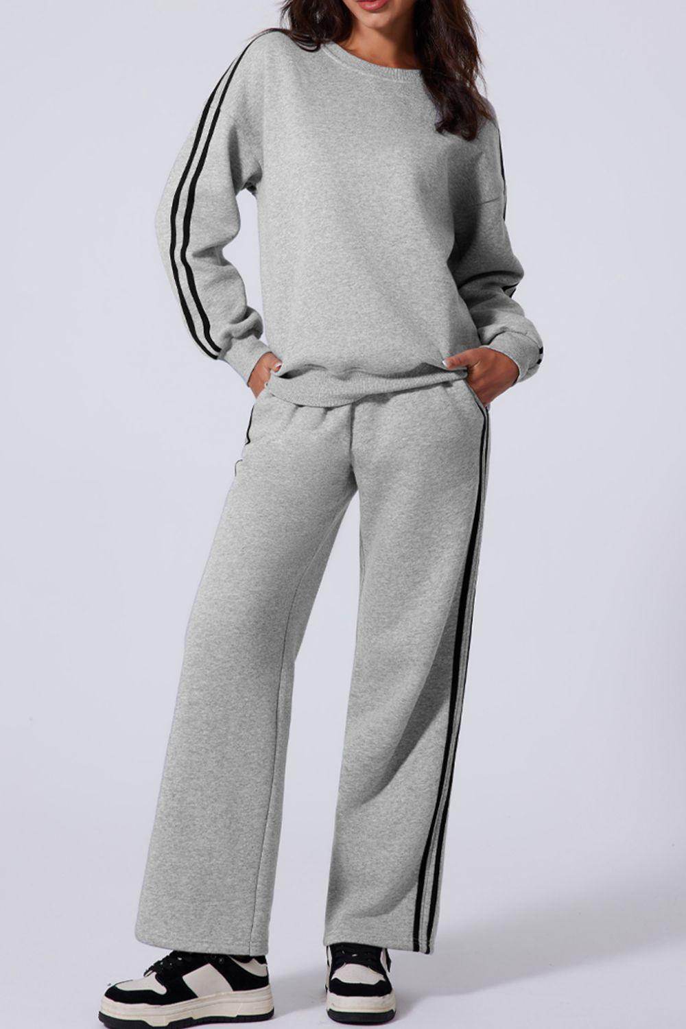 Side Striped Round Neck Top and Pants Active Set for Women - Selvanelle