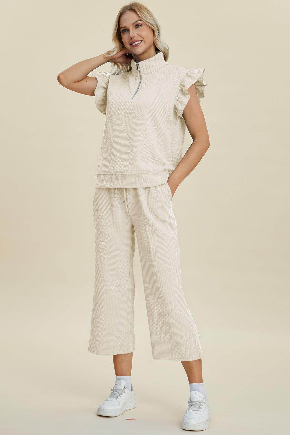 Double Take Full Size Texture Ruffle Top and Pants Set - Selvanelle
