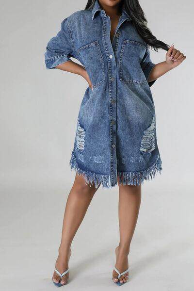 Distressed Raw Hem Button Up Denim Dress for Women - Selvanelle