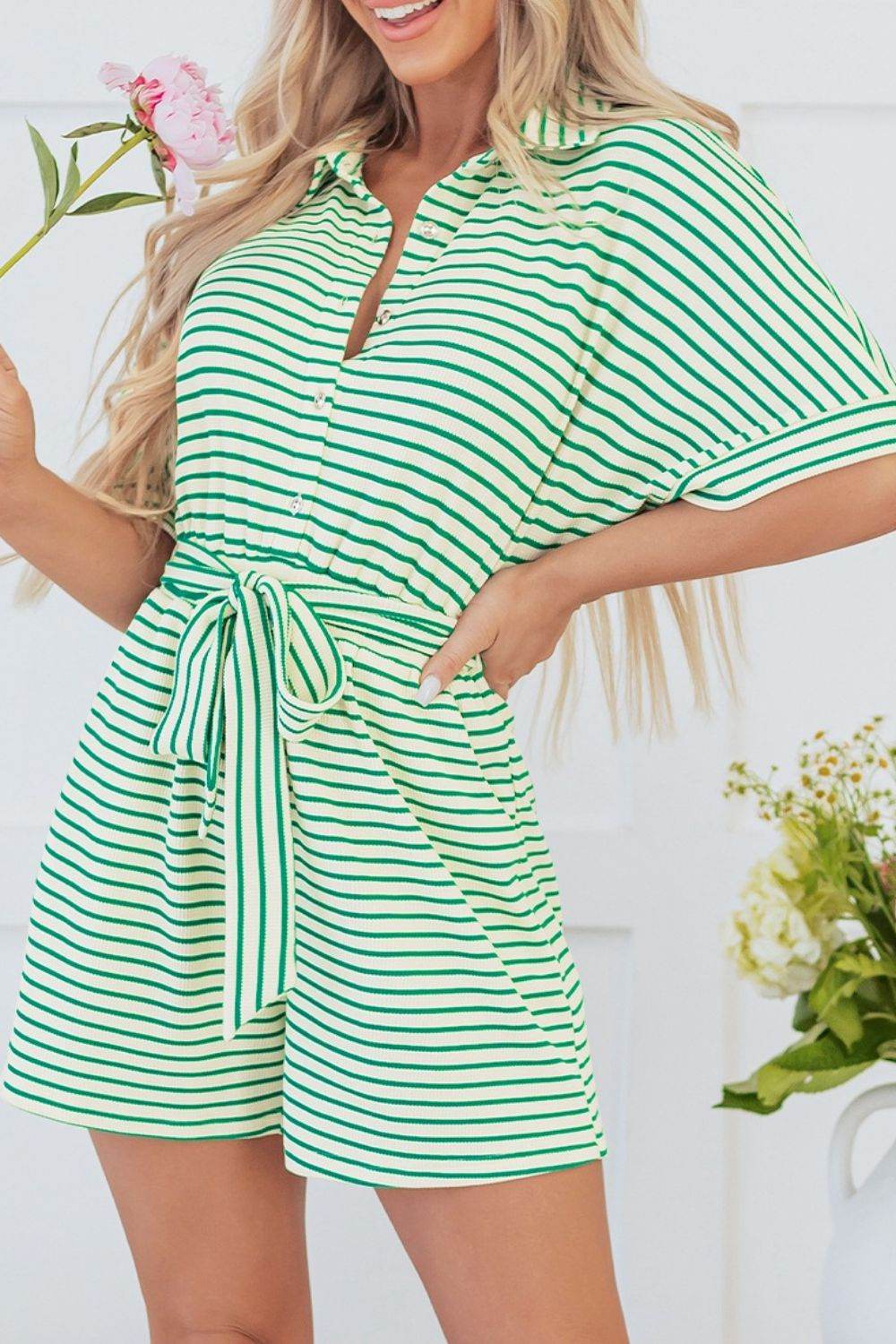 Striped Half Sleeve Tie Waist Romper - Selvanelle