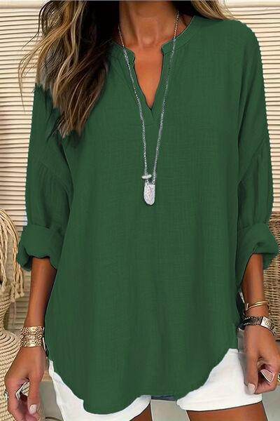 Solid Color Notched Long Sleeve Blouse for Women - Selvanelle