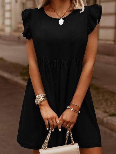 Full Size Ruffled Round Neck Cap Sleeve Denim Dress for Women - Selvanelle