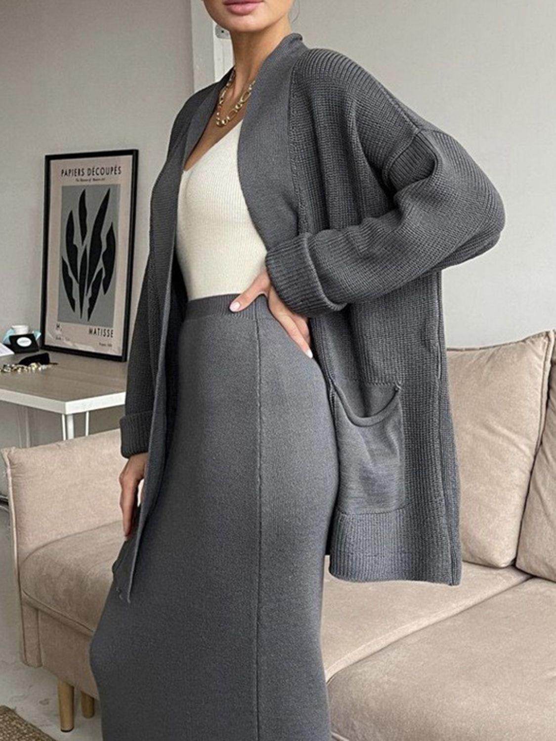 Pocketed Long Sleeve Cardigan and Skirt Sweater Set - Selvanelle