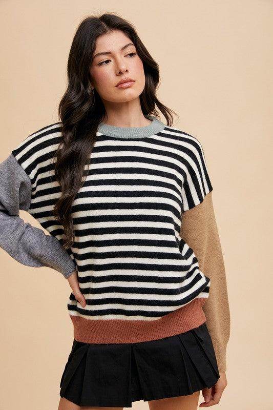 Annie Wear Striped Color Block Round Neck Sweater for Women - Selvanelle