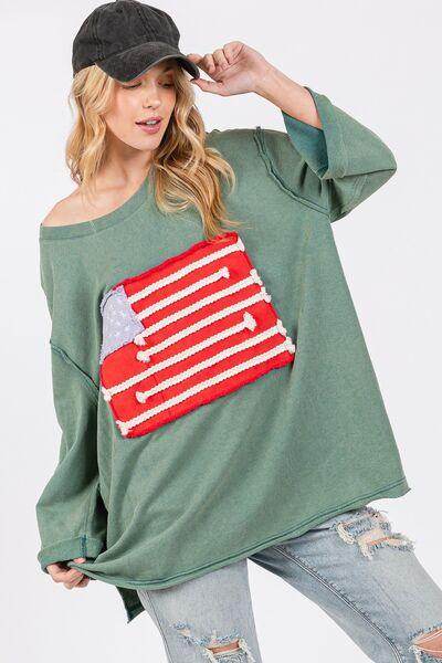 SAGE + FIG Full Size American Flag Patch Drop Shoulder T-Shirt - Selvanelle