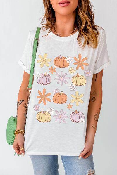 Pumpkin & Flower Round Neck Short Sleeve T-Shirt for Women - Selvanelle