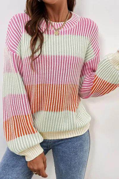 Striped Color Block Round Neck Long Sleeve Sweater for Women - Selvanelle