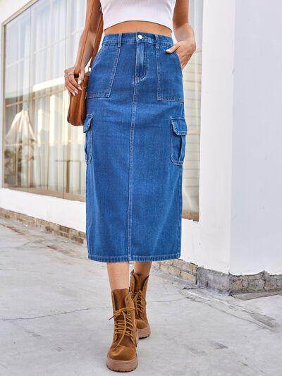 Slit Midi Denim Skirt with Pockets for Stylish Comfort - Selvanelle