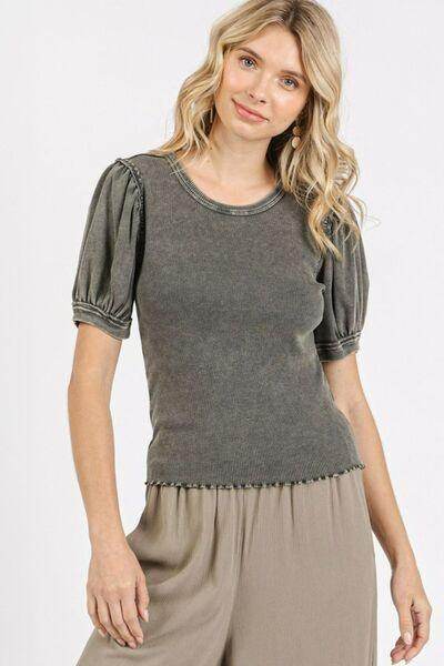 Mittoshop Mineral Wash Puff Sleeve Rib Knit Top for Women - Selvanelle