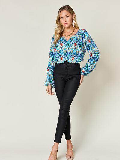 Double Take Full Size Printed Balloon Sleeve Blouse Women - Selvanelle