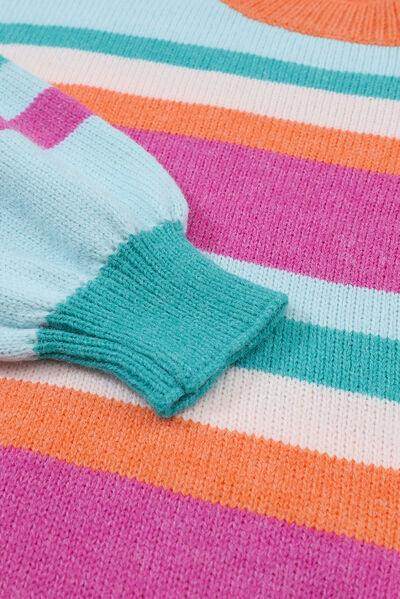 Striped Round Neck Drop Shoulder Sweater for Women - Selvanelle