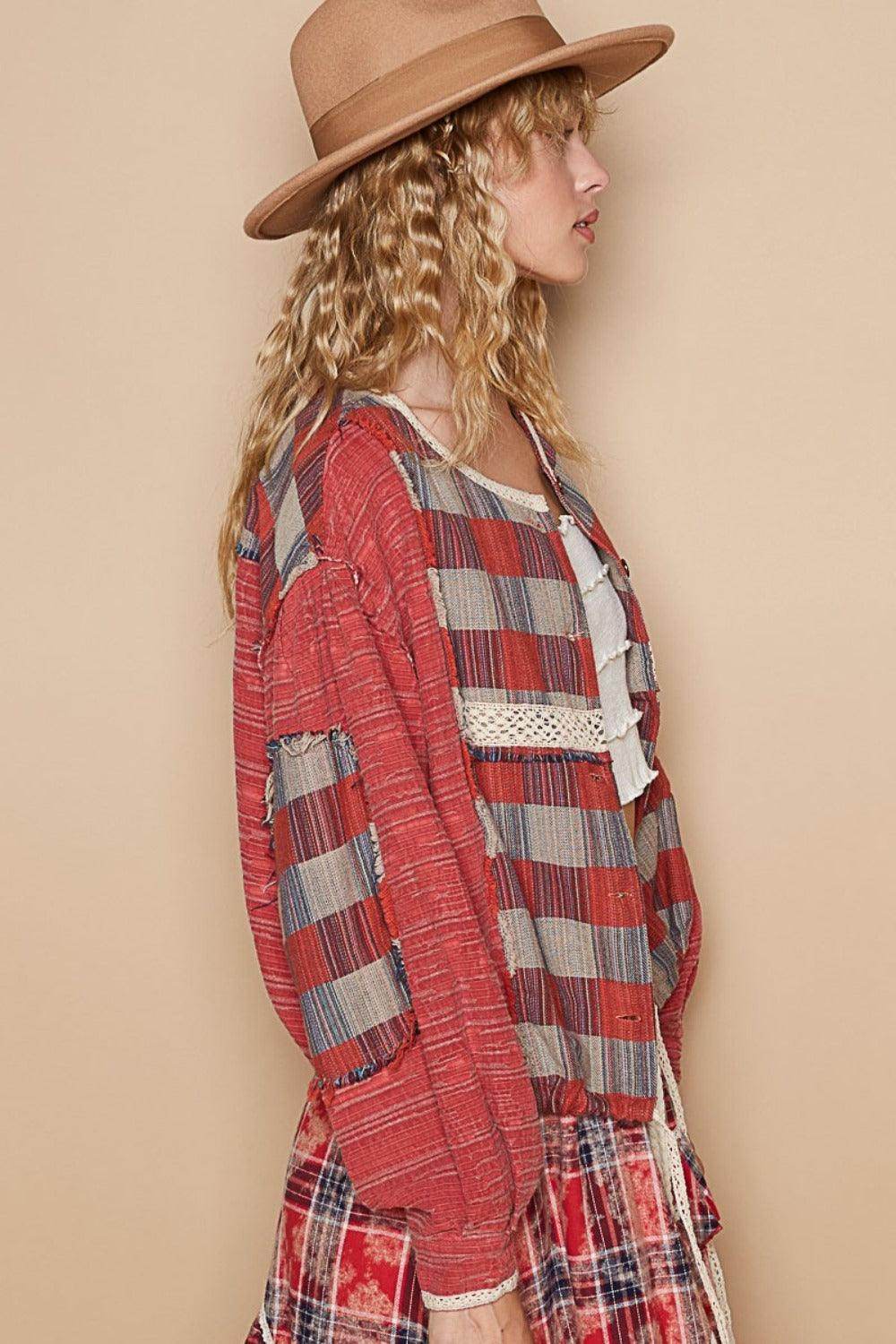 POL Round Neck Long Sleeve Plaid Shirt for Women Casual - Selvanelle