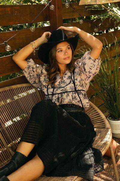 Umgee Ruffled Tie Neck Puff Sleeve Babydoll Blouse for Women - Selvanelle