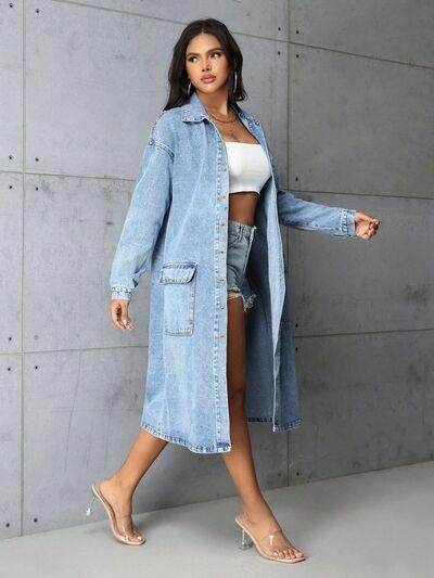 Pocketed Button Up Collared Neck Denim Top for Women - Selvanelle