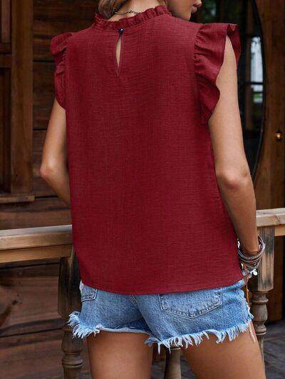 Ruffled Frill Mock Neck Cap Sleeve Blouse for Women - Selvanelle