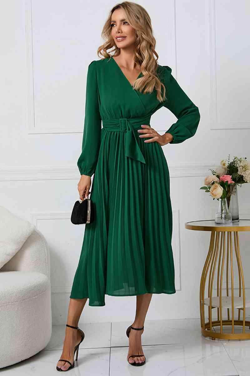V-Neck Long Sleeve Tie Waist Midi Dress for Women - Selvanelle