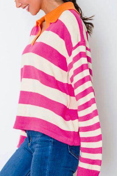 Contrast Stripes Johnny Collar Long Sleeve Sweater for Women - Selvanelle