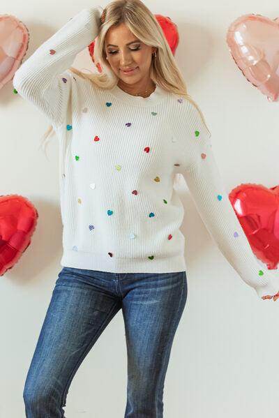 Heart Sequin Round Neck Long Sleeve Sweater for Women - Selvanelle