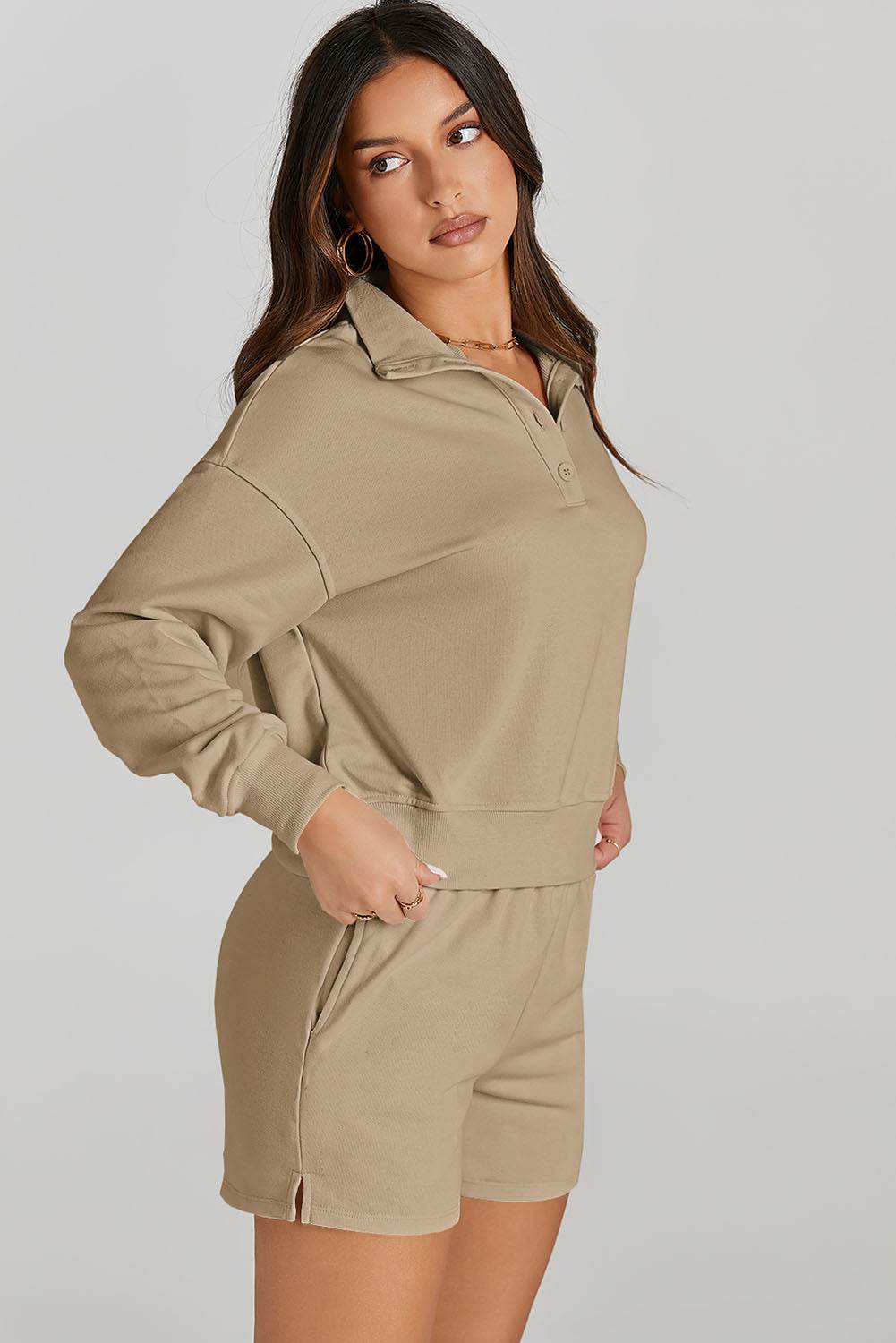 Half Button Sweatshirt and Shorts Active Set - Selvanelle