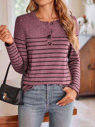 Lovelet Quarter Button Striped Round Neck Long Sleeve T-Shirt - Selvanelle
