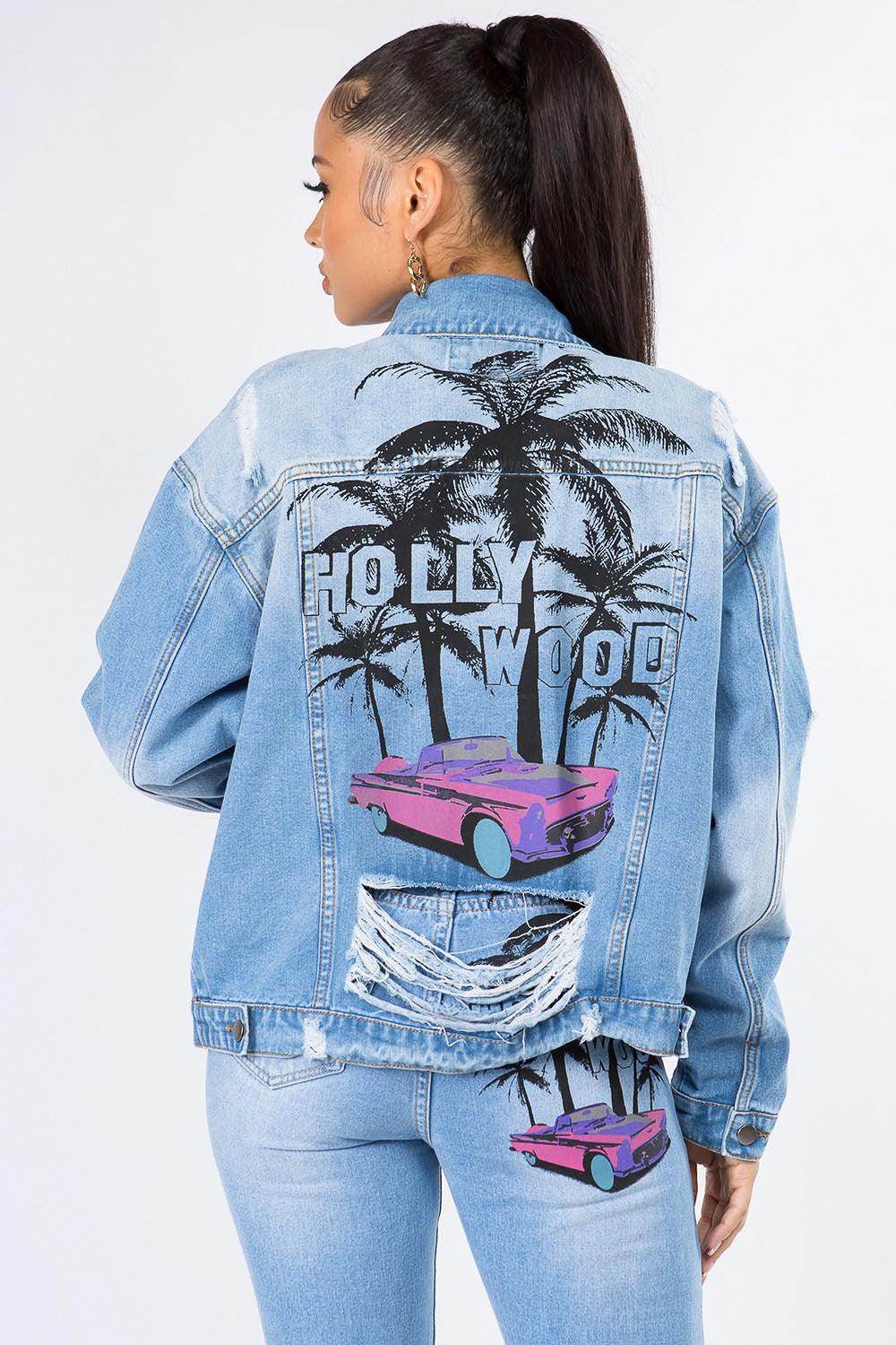 American Bazi Graphic Distressed Long Sleeve Denim Jacket - Selvanelle