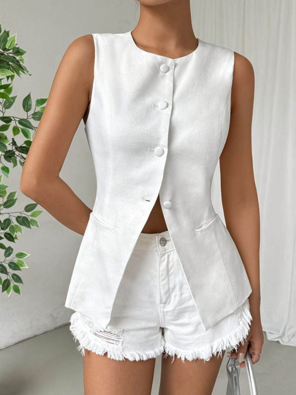 Button Down Round Neck Vest for Women in Sheer Style - Selvanelle