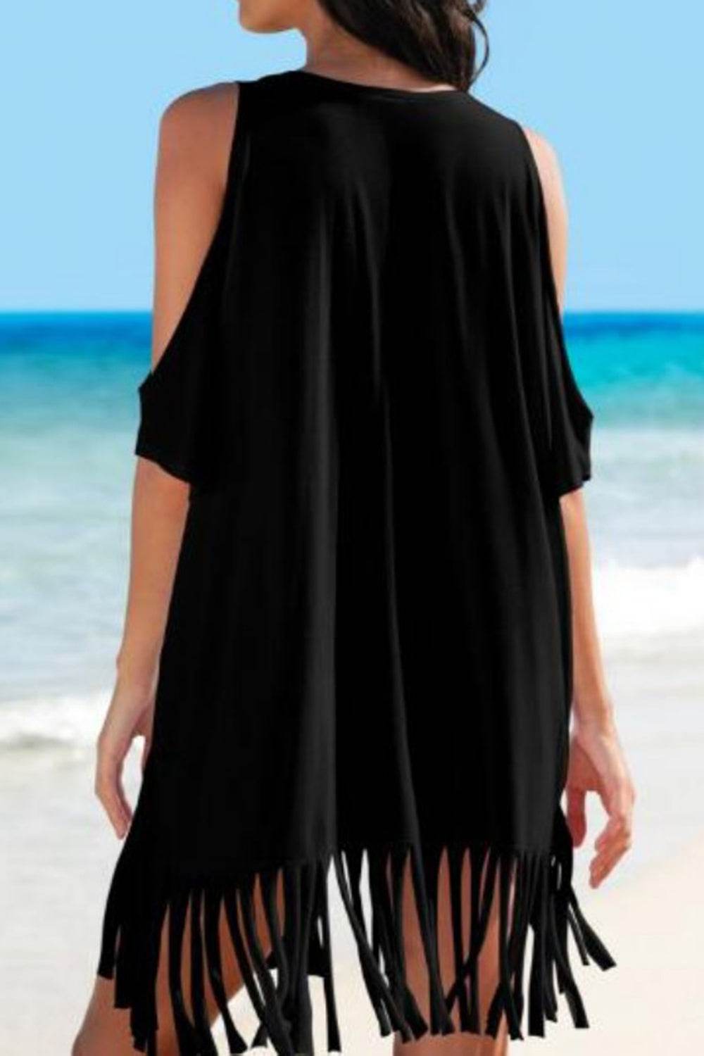 Fringe V-Neck Cold Shoulder Cover Up - Selvanelle