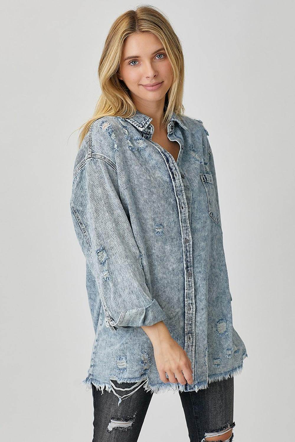 RISEN Distressed Raw Hem Denim Shirt for Casual Style - Selvanelle
