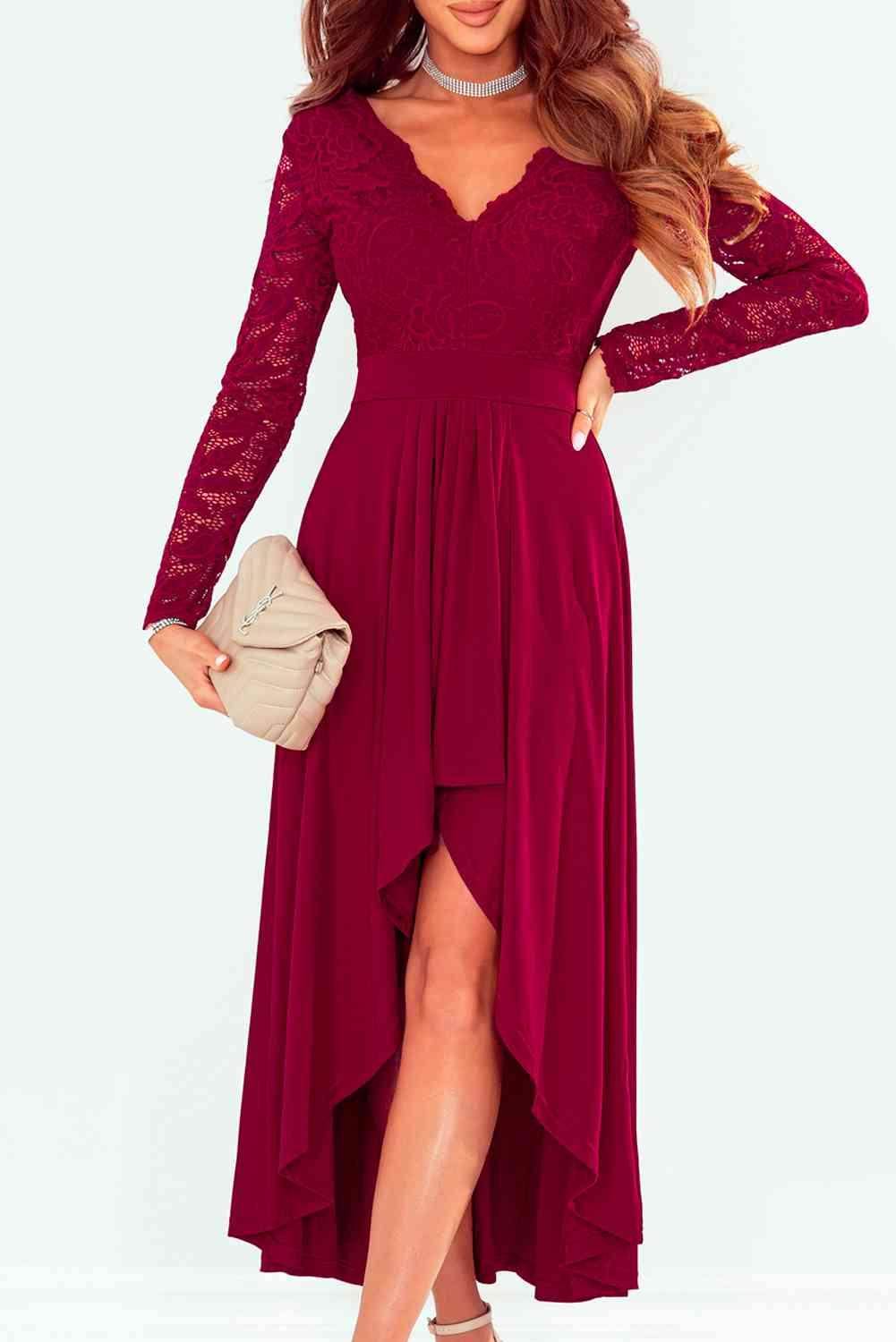 Lace High-Low V-Neck Dress for Elegant Evening Wear - Selvanelle