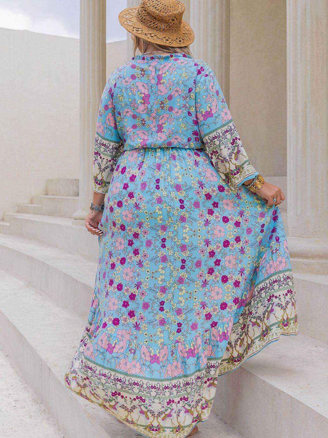 Plus Size Printed Tie Neck Top and Skirt Set for Women - Selvanelle