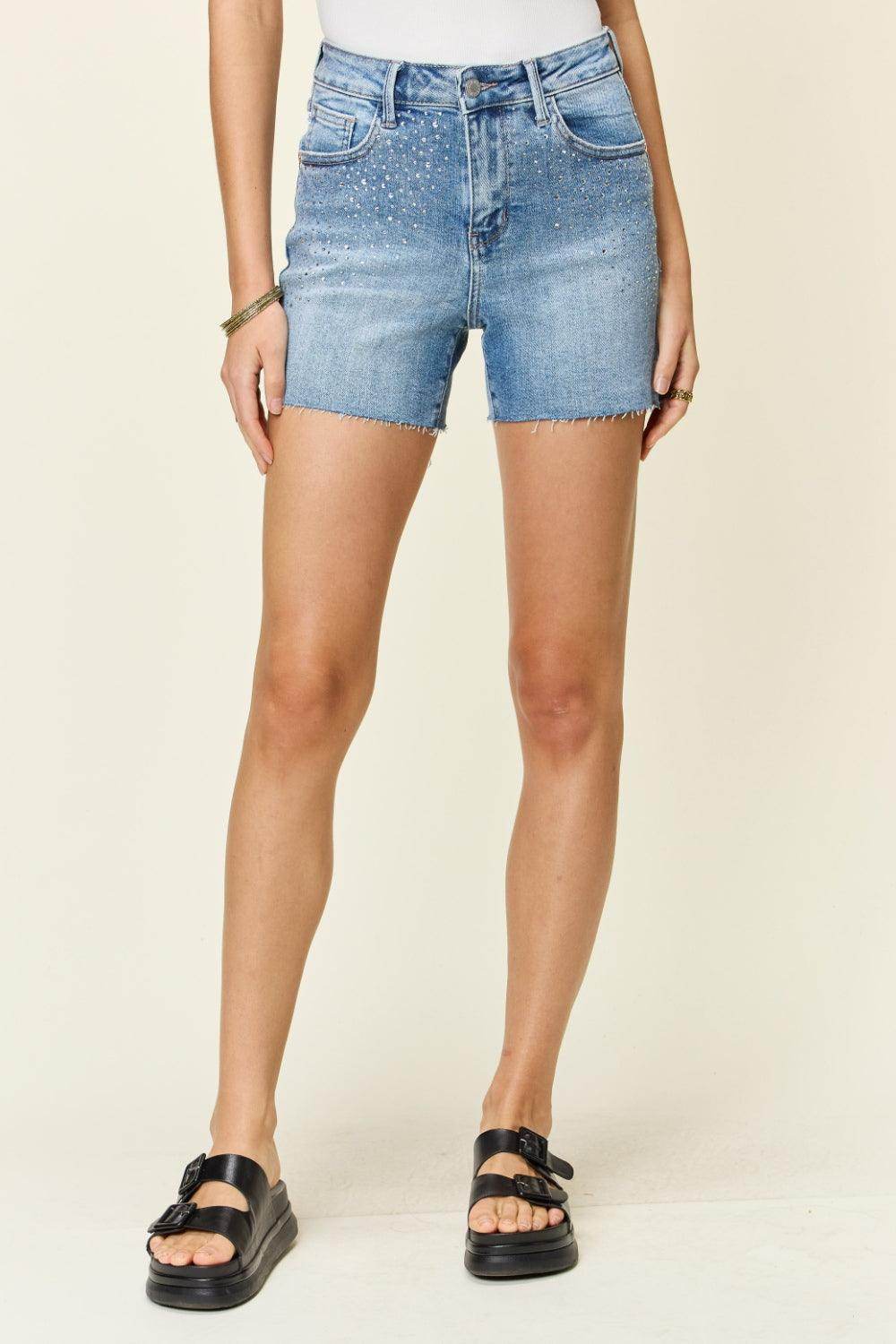 Judy Blue Full Size High Waist Rhinestone Denim Shorts - Selvanelle