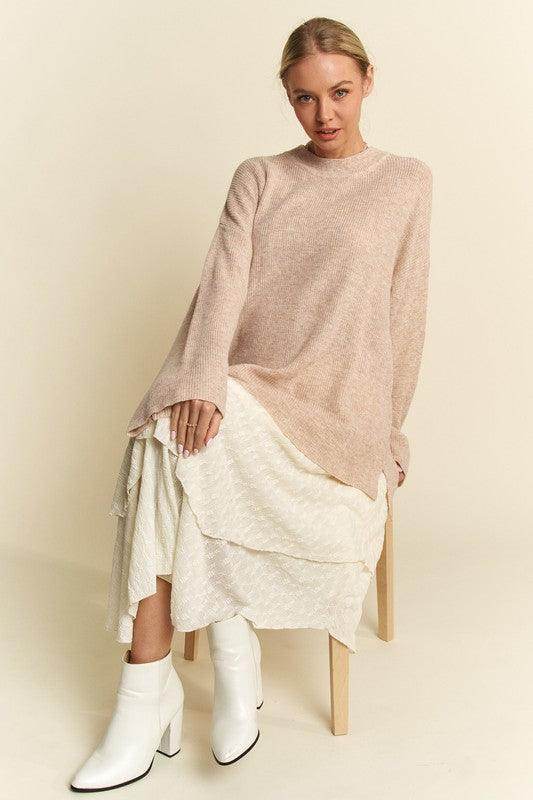 Davi & Dani High-Low Round Neck Drop Shoulder Sweater - Selvanelle