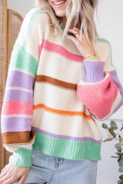 Contrast Striped Round Neck Drop Shoulder Sweater for Women - Selvanelle