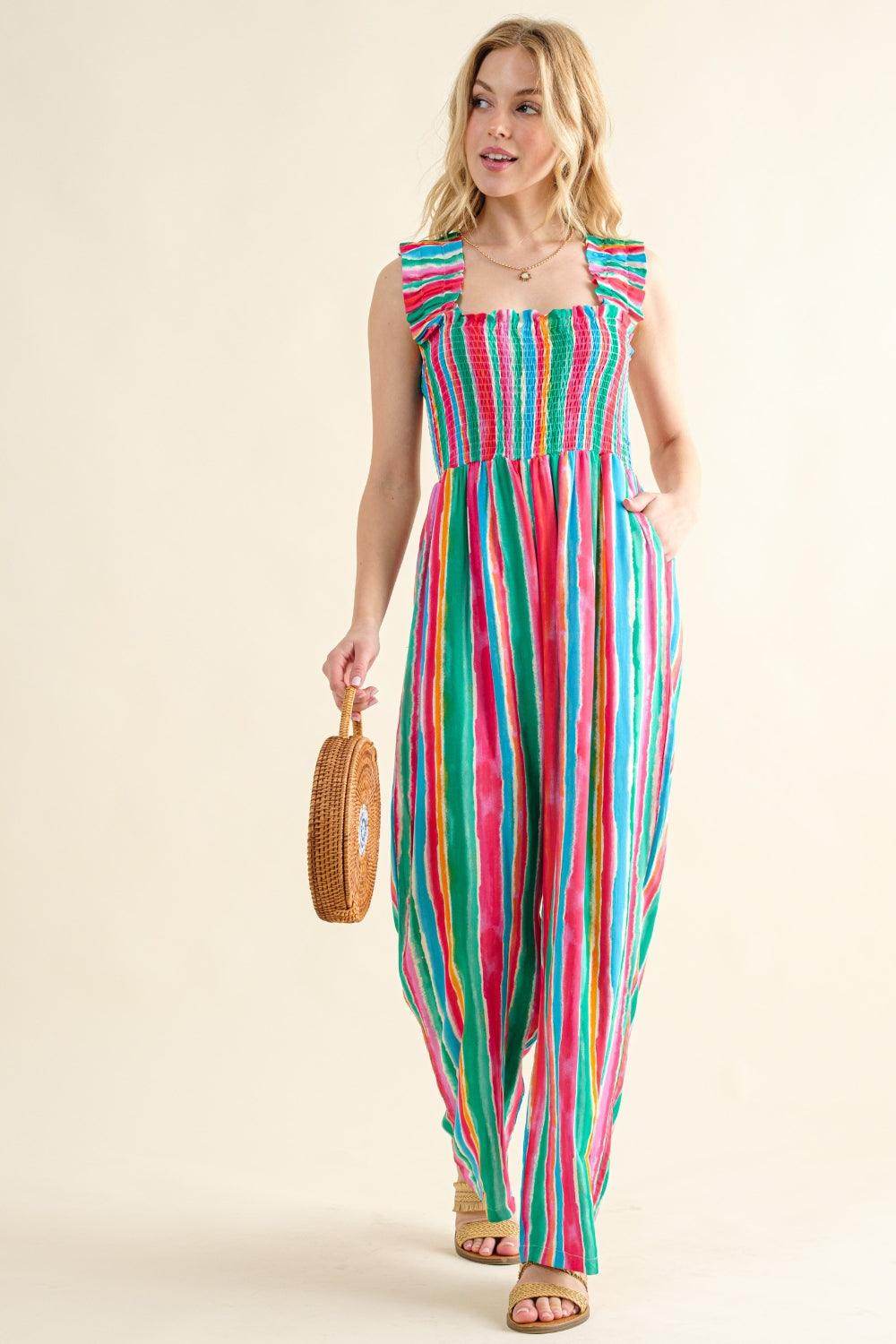 And The Why Full Size Striped Smocked Sleeveless Jumpsuit - Selvanelle