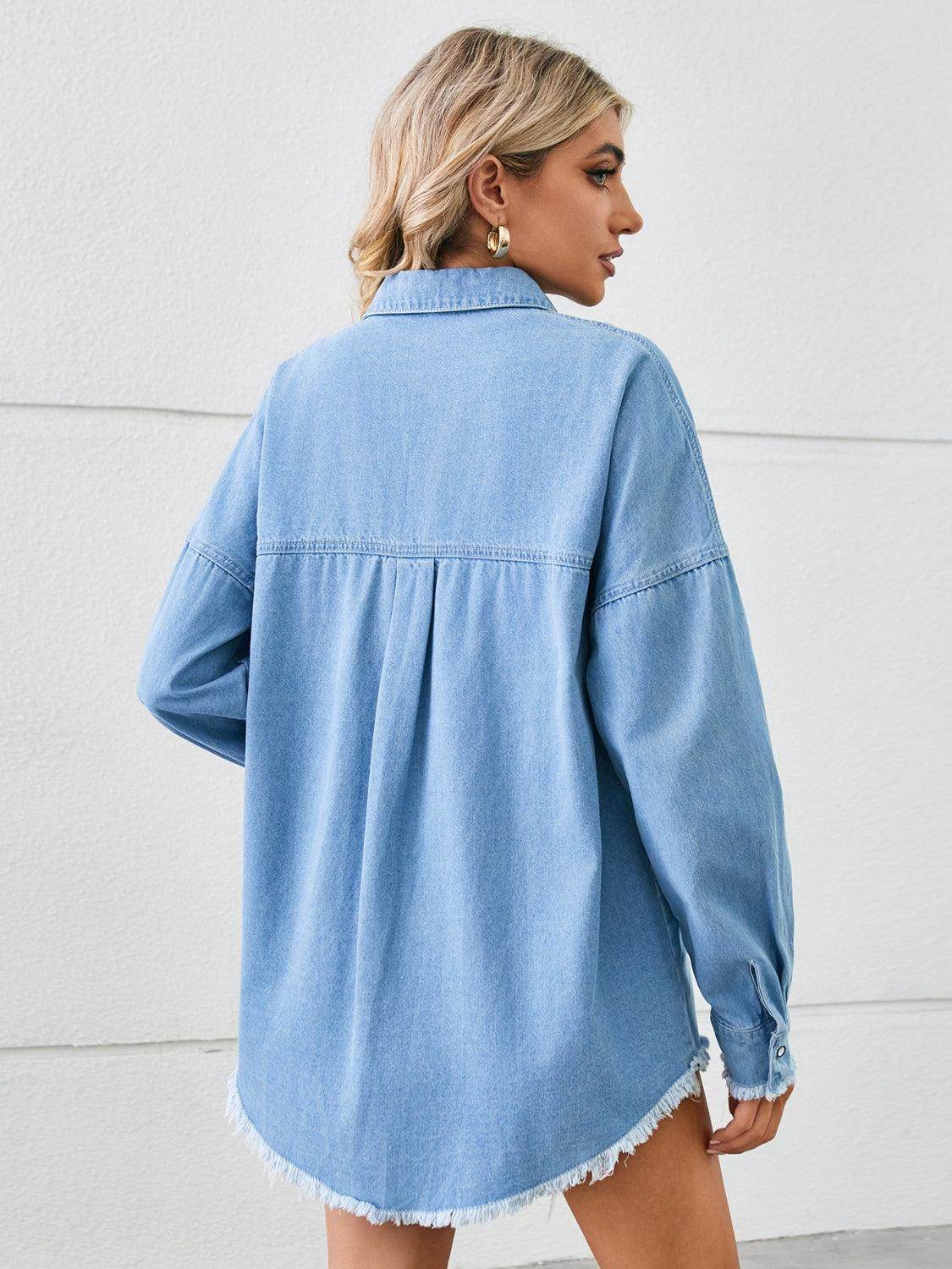 Distressed Raw Hem Dropped Shoulder Denim Jacket for Women - Selvanelle