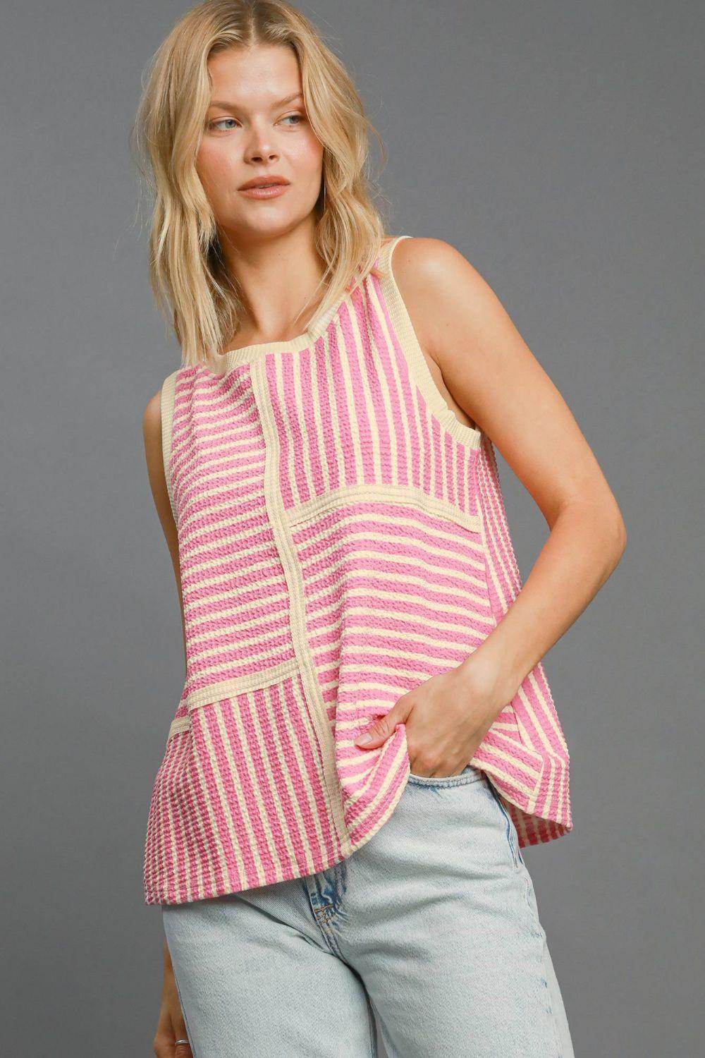 Umgee Round Neck Texture Striped Tank for Casual Style - Selvanelle