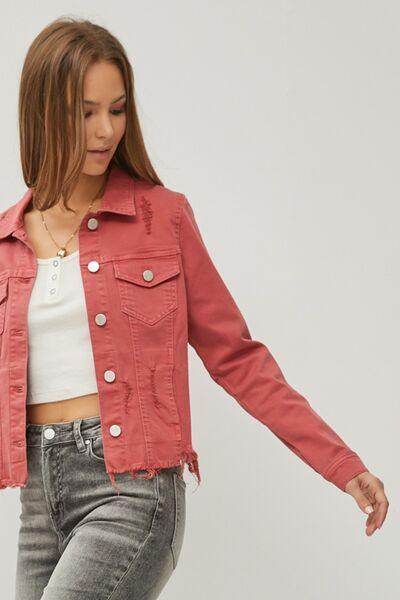 RISEN Full Size Raw Hem Button Up Cropped Denim Jacket Plus Size - Selvanelle