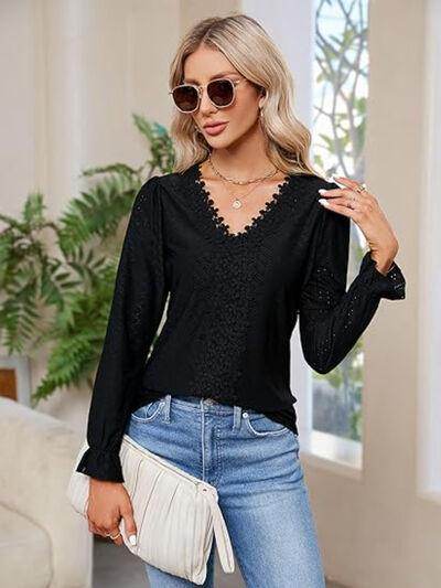 Lace Detail Eyelet V-Neck Flounce Sleeve Blouse for Women - Selvanelle