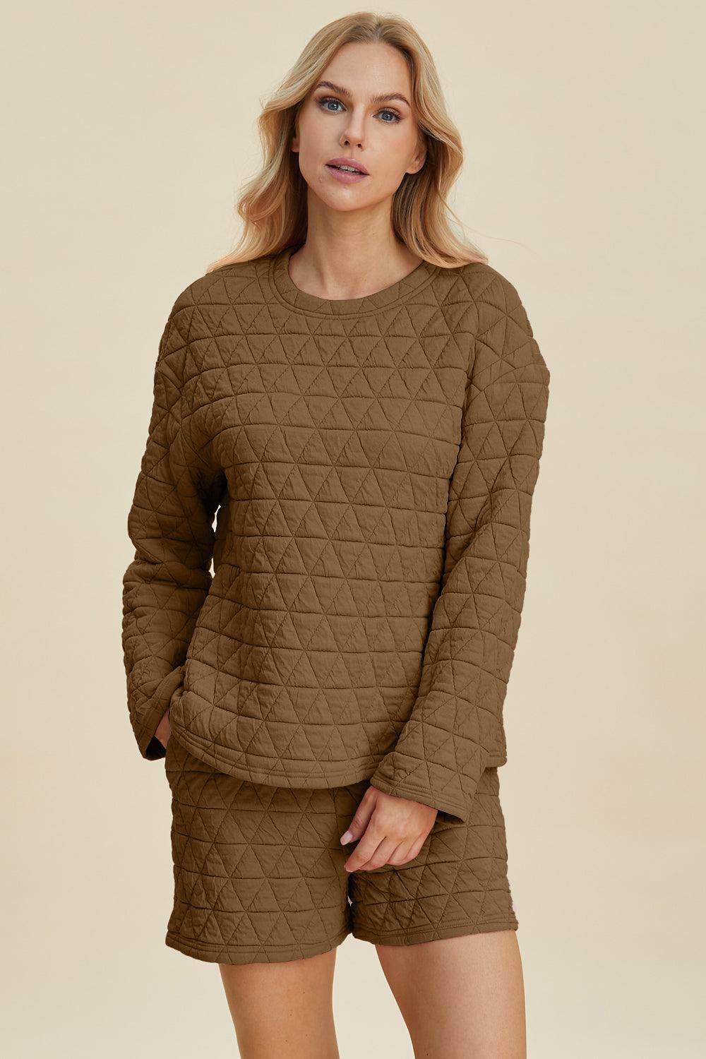 Double Take Full Size Texture Round Neck Long Sleeve Top and Shorts Set for Women - Selvanelle